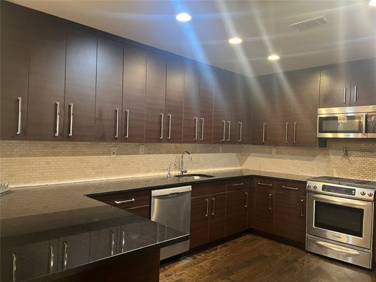 Interior, Kitchen, Recessed Lighting, Stainless Steel Appliances, Wood Texture Flooring