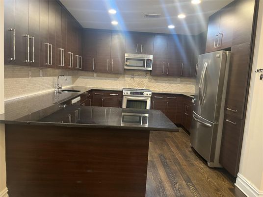 Interior, Kitchen, Recessed Lighting, Stainless Steel Appliances, Wood Texture Flooring