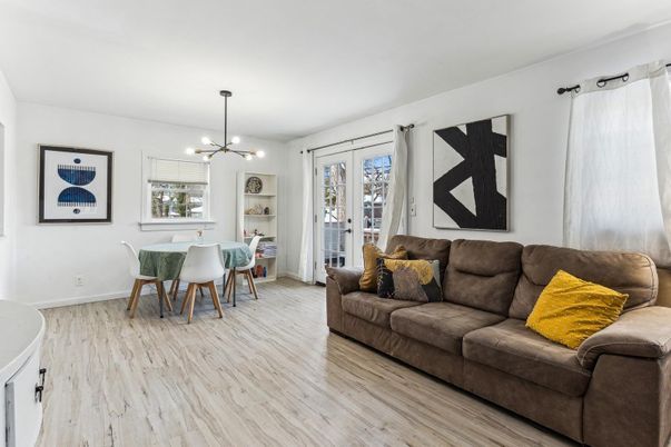 Dining room, Interior, Living room, Pendant Lights, Wood Texture Flooring