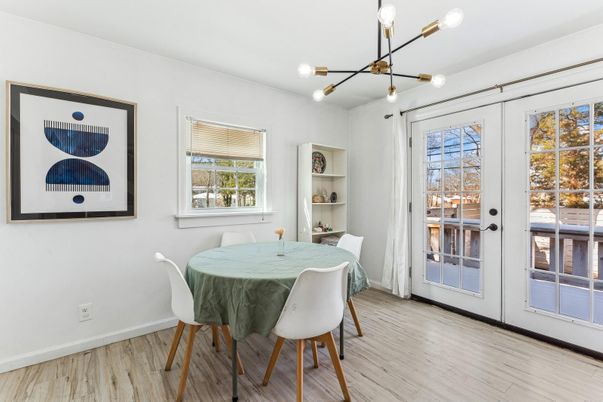 Dining room, Interior, Pendant Lights, Wood Texture Flooring