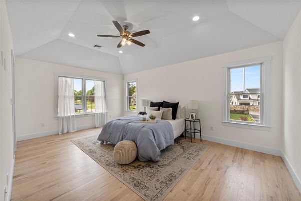 Bedroom, Interior, Recessed Lighting, Wood Texture Flooring