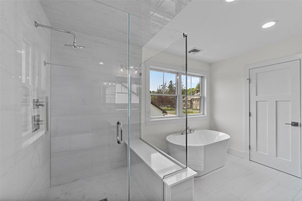 Bathroom, Free Standing Baths, Glass Shower, Interior, Recessed Lighting