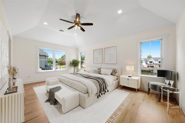 Bedroom, Interior, Recessed Lighting, Wood Texture Flooring