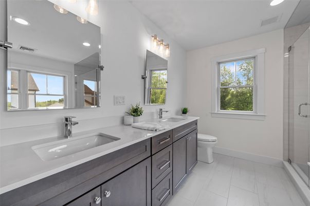 Bathroom, Dual Sink Vanities, Interior, Marble, Recessed Lighting