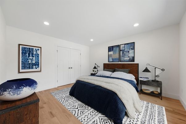 Bedroom, Interior, Recessed Lighting, Wood Texture Flooring