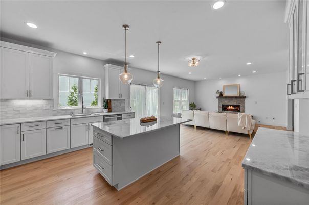 Fireplace, Interior, Kitchen, Living room, Pendant Lights, Recessed Lighting, Wood Texture Flooring