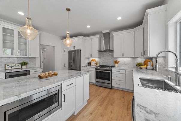 Interior, Kitchen, Pendant Lights, Recessed Lighting, Stainless Steel Appliances, Wood Texture Flooring