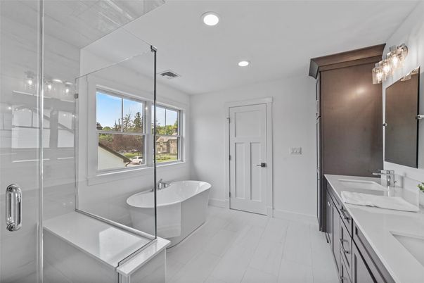 Bathroom, Dual Sink Vanities, Free Standing Baths, Glass Shower, Interior, Recessed Lighting