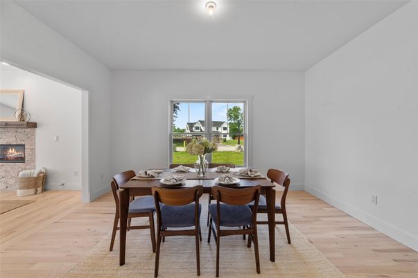 Dining room, Fireplace, Interior, Wood Texture Flooring