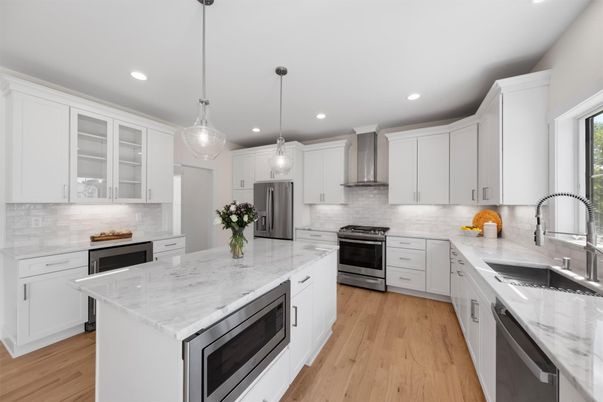 Interior, Kitchen, Pendant Lights, Recessed Lighting, Stainless Steel Appliances, Wood Texture Flooring