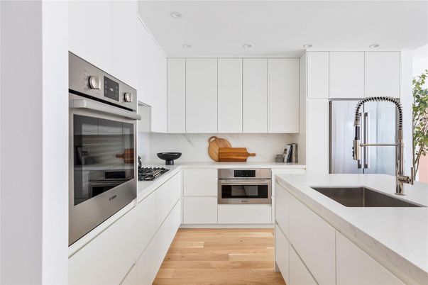 Interior, Kitchen, Recessed Lighting, Stainless Steel Appliances, Wood Texture Flooring