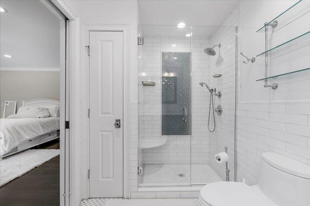Bathroom, Bedroom, Glass Shower, Interior, Recessed Lighting, Wood Texture Flooring