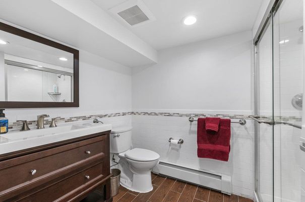 Bathroom, Glass Shower, Interior, Recessed Lighting, Wood Texture Flooring