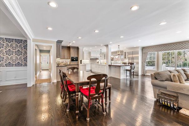 Dining room, Interior, Kitchen, Living room, Pendant Lights, Recessed Lighting, Stainless Steel Appliances, Wood Texture Flooring