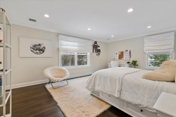 Bedroom, Interior, Recessed Lighting, Wood Texture Flooring