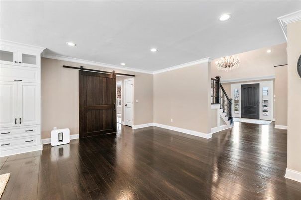 Chandelier, Empty room, Interior, Recessed Lighting, Wood Texture Flooring