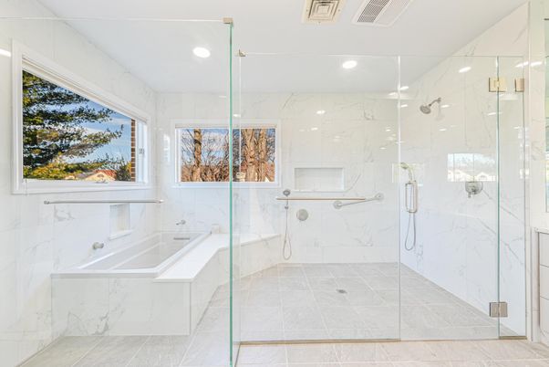 Bathroom, Glass Shower, Interior, Marble Walls, Recessed Lighting