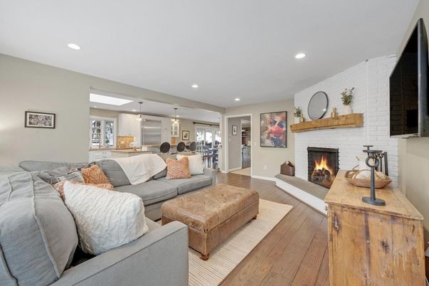 Fireplace, Interior, Kitchen, Living room, Pendant Lights, Recessed Lighting, Stone Walls, Wood Texture Flooring
