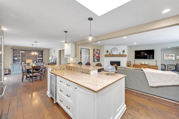 Dining room, Fireplace, Interior, Kitchen, Living room, Pendant Lights, Recessed Lighting, Stone Walls, Wood Texture Flooring