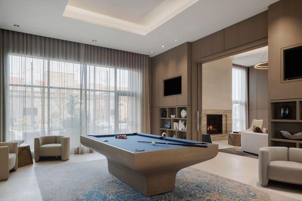 Billiard Table, Fireplace, Game Room, Interior, Living room, Pendant Lights, Recessed Lighting