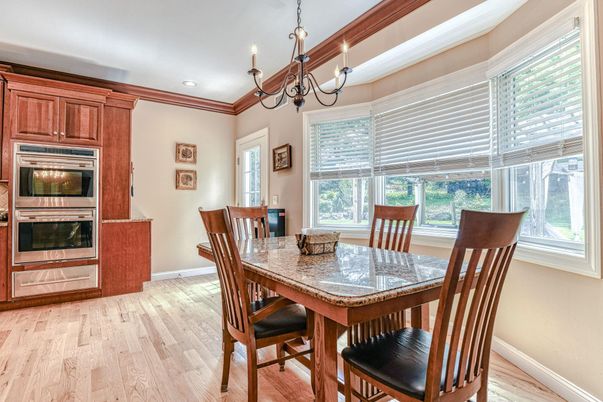 Chandelier, Dining room, Interior, Pendant Lights, Recessed Lighting, Wood Texture Flooring