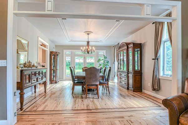 Chandelier, Dining room, Interior, Wood Texture Flooring