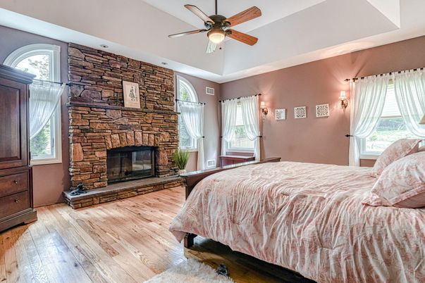 Bedroom, Fireplace, Interior, Stone Walls, Wood Texture Flooring