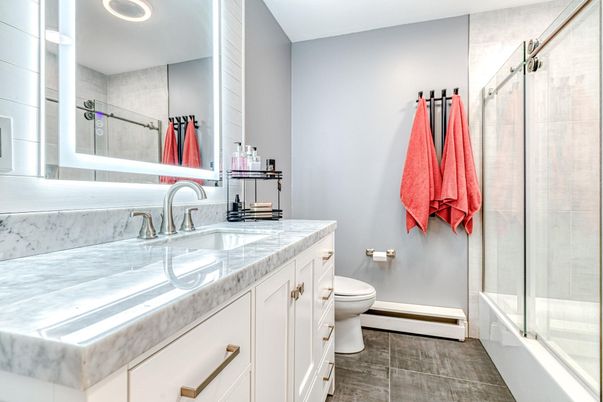 Bathroom, Glass Shower, Interior, Recessed Lighting