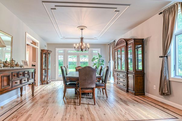Chandelier, Dining room, Interior, Wood Texture Flooring