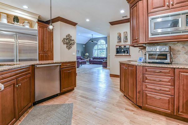 Interior, Kitchen, Pendant Lights, Recessed Lighting, Stainless Steel Appliances, Wood Texture Flooring
