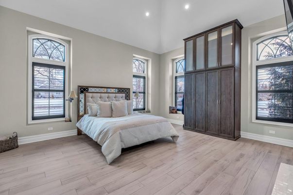 Bedroom, Interior, Recessed Lighting, Wood Texture Flooring