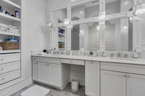 Bathroom, Chandelier, Dual Sink Vanities, Interior, Pendant Lights