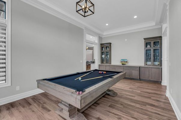 Billiard Table, Game Room, Interior, Recessed Lighting, Wood Texture Flooring