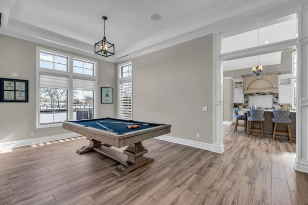Billiard Table, Chandelier, Game Room, Interior, Pendant Lights, Wood Texture Flooring