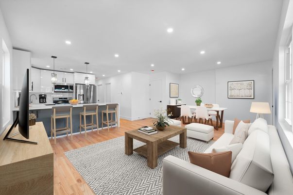 Dining room, Interior, Kitchen, Living room, Pendant Lights, Recessed Lighting, Stainless Steel Appliances, Wood Texture Flooring