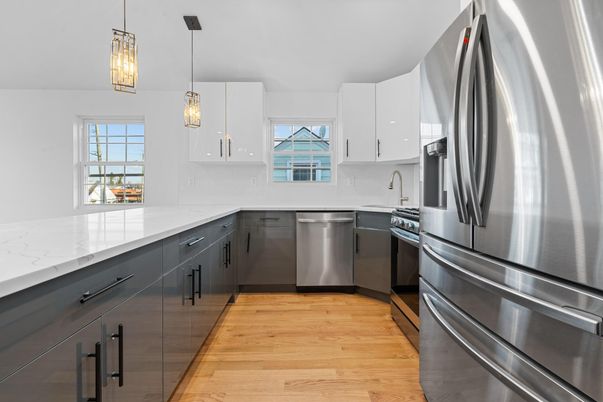 Interior, Kitchen, Pendant Lights, Stainless Steel Appliances, Wood Texture Flooring