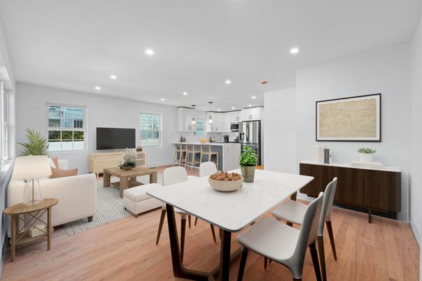 Dining room, Interior, Kitchen, Living room, Pendant Lights, Recessed Lighting, Stainless Steel Appliances, Wood Texture Flooring