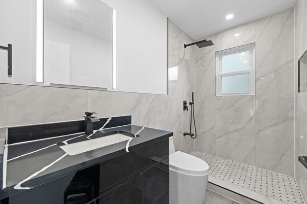Bathroom, Glass Shower, Interior, Marble Walls, Recessed Lighting