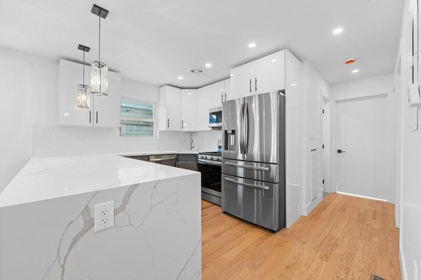 Interior, Kitchen, Pendant Lights, Recessed Lighting, Stainless Steel Appliances, Wood Texture Flooring
