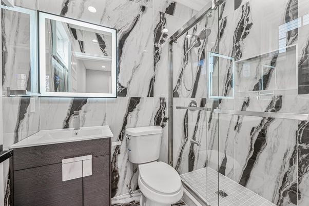 Bathroom, Glass Shower, Interior, Marble Walls, Recessed Lighting