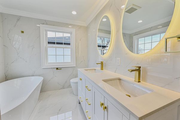 Bathroom, Dual Sink Vanities, Free Standing Baths, Interior, Marble, Marble Walls, Recessed Lighting