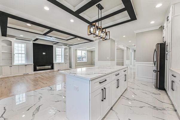 Fireplace, Interior, Kitchen, Marble, Pendant Lights, Recessed Lighting, Wood Texture Flooring