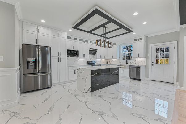 Interior, Kitchen, Marble, Pendant Lights, Recessed Lighting, Stainless Steel Appliances