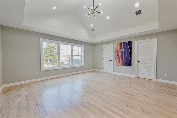 Empty room, Interior, Pendant Lights, Recessed Lighting, Wood Texture Flooring
