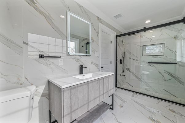 Bathroom, Glass Shower, Interior, Marble, Marble Walls, Recessed Lighting