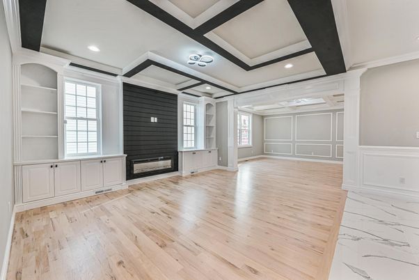 Empty room, Fireplace, Interior, Marble, Recessed Lighting, Wood Texture Flooring