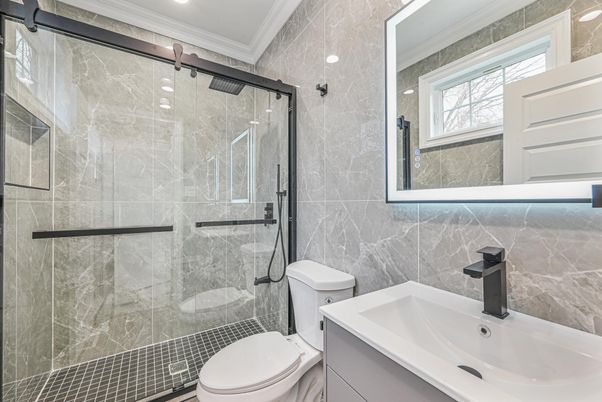Bathroom, Glass Shower, Interior, Marble Walls, Recessed Lighting