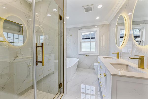 Bathroom, Dual Sink Vanities, Free Standing Baths, Glass Shower, Interior, Marble, Marble Walls, Recessed Lighting