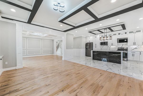 Interior, Kitchen, Marble, Pendant Lights, Recessed Lighting, Stainless Steel Appliances, Wood Texture Flooring