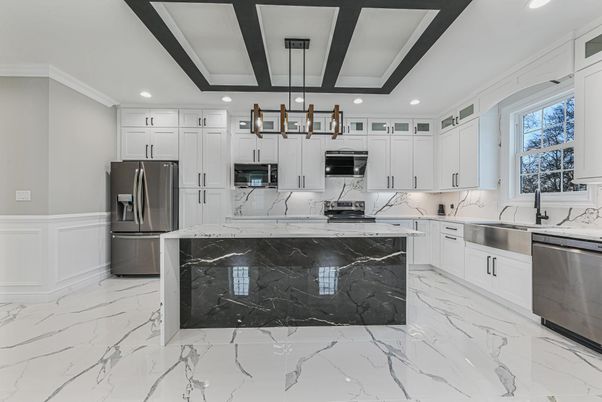 Interior, Kitchen, Marble, Pendant Lights, Recessed Lighting, Stainless Steel Appliances
